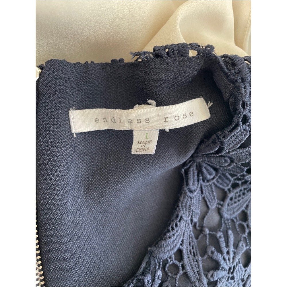 Women's Navy Blue Floral Lace White Layered Short Sleeve Top Office Classy Large - Picture 2 of 7
